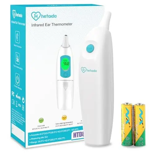 Produktbild: Fieberthermometer Ohr für Baby Erwachsene, Ohrthermometer Kinder Infrarot Thermometer Fieber mit Genau und Sofort Ablesung, Fieberalarm, 10 Speicherfunktion, LCD Anzeige