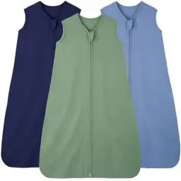 Produktbild: FIEMOL Babyschlafsack 0–6 Monate, Schlafsack aus 100% Baumwolle für Neugeborene und Kleinkinder, 3er-Pack tragbare Babydecke, 0,5 Tog leichter Schlafsack mit Doppelreißverschluss Cyan