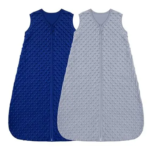 Produktbild: FIEMOL Schlafsack Baby 6-12 Monate 1.5 Tog, Neugeborene Schlafsack Herbst mit Plüsch Punkte, Weiche Winter Schlummersack Baumwolle, Baby Tragedecke Blau & Grau 2er Pack 78cm