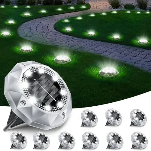 Produktbild: FIFlying Solar Bodenleuchten 10 Stück, 8 LED Wasserdichte Solar Gartenleuchten für Außen Solarleuchten Solarlampen für Garten Patio Rase Outdoor Gehweg Beleuchtung Gartenbeleuchtung Kaltweiß