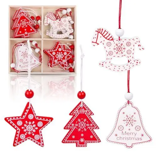 Produktbild: Figarge 12 Stück Holz Weihnachten Deko, Weihnachtsbaumschmuck, Weihnachten Holzanhänger für Heimdekoration Weihnachtsdekoration