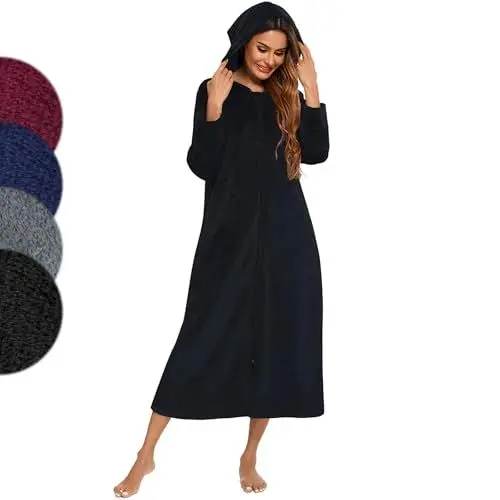 Produktbild: Figarge Bademantel Damen und Herren mit Reissverschluss und Kapuze langer Bademantel Fronttaschen Saunamantel Flanell Bademantel