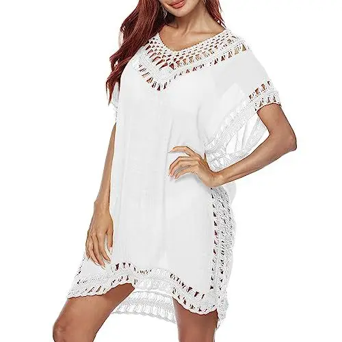 Produktbild: Figarge Bikini Cover Up Strandkleid Damen Sommer Strandponcho V-Ausschnitt Beachwear Strandkleider Damen Cover Up Strandkleid (Weiß)