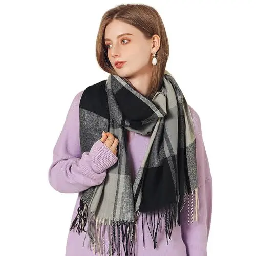 Produktbild: Figarge Karierter Schal für Damen und Herren - Herbst-Winterschal Mit Fransen, Weicher als Kaschmir, Warmer Plaid Schal (65 * 185CM, Schwarze Tinte)