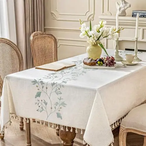 Produktbild: Figarge Tischdecke Rechteckig Baumwolle Leinen Tischtuch mit Quaste Abwaschbar Tischwäsche Falten Staubdicht Tischdecke für Kaffeetisch, Küche, Essen, Weihnachts Tischdekoration (140 x 180CM)