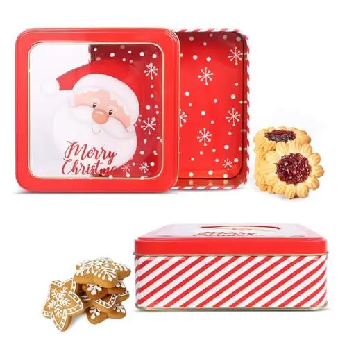 Produktbild: Figarge Weihnachtskeksdose Bonbonglas 2 Stück Weihnachtsmann Keksglas mit Deckel Metalldosen für die Aufbewahrung von Süßigkeiten und Keksen Weihnachtsdosen (Rot A)