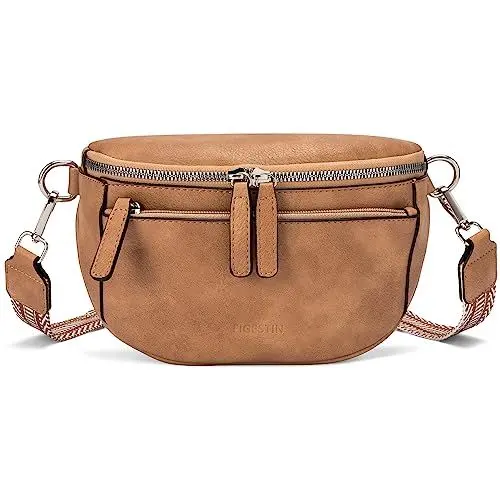 Produktbild: FIGESTIN Bauchtasche Damen, PU Leder Crossbody Bag Damen Breiter Gurt, Umhängetasche Damen Klein Verstellbarer Riemen Kamelbraun