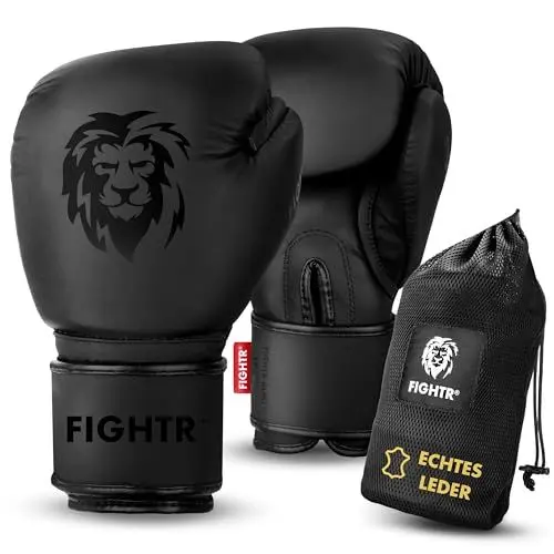 Produktbild: FIGHTR® Profi Boxhandschuhe aus echtem Leder | Männer und Frauen | für Boxen, MMA, Muay Thai, Kickboxen & Kampfsport 10 12 14 16 oz | inkl. Tragetasche (All Black, 14 oz)