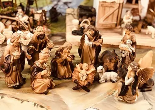 Produktbild: Figuren für große Weihnachtskrippen aus Holz hochwertige Krippenfiguren in Geschenkbox Holzoptik KFG-HO-Box im Holzfiguren-Stil handbemalt und