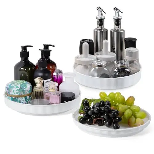 Produktbild: FIHCO Drehteller Organizer, 3 Stück Drehteller Kühlschrank, 26 cm+24 cm+22 cm, Küchen Organizer Lazy Susan, 360°Rotatable, Drehbarer Gewürzhalter, Rund, Weiß