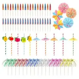 Produktbild: FIHODONE 160 Stück Cocktail Deko,Cocktail Zubehör mit 100 Feuerwerk Rührer Picks,40 Cocktail Schirmchen,10 Papier Strohhalme Früchte,10 Papier Strohhalme Früchte Schirmchen,Sommer Party Dekorationen