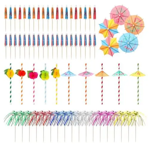 Produktbild: FIHODONE 160 Stück Cocktail Deko,Cocktail Zubehör mit 100 Feuerwerk Rührer Picks,40 Cocktail Schirmchen,10 Papier Strohhalme Früchte,10 Papier Strohhalme Früchte Schirmchen,Sommer Party Dekorationen