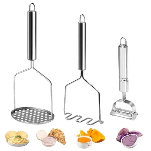 Produktbild: FIHODONE 2 Stück Kartoffelstampfer,1 Stück Kartoffelschäler, Kartoffelstampfer Edelstahl,Potato Masher Schäler Küche,Kartoffelpresse Edelstahl für Kartoffelbrei,Purple Süßkartoffelpüree, Kürbispüree