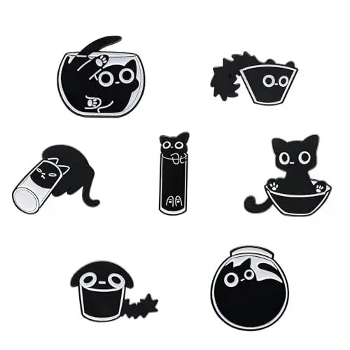 Produktbild: FIHODONE 7 Stück Pins Anstecker Schwarze Katze,Anstecker Pin Niedliche,Pin Anstecker Verspielte Katzen,Tier-Anstecker Emaille Pins Set für Frauen Und Mädchen,Schwarze Katzen-Emaille-Anstecknadeln