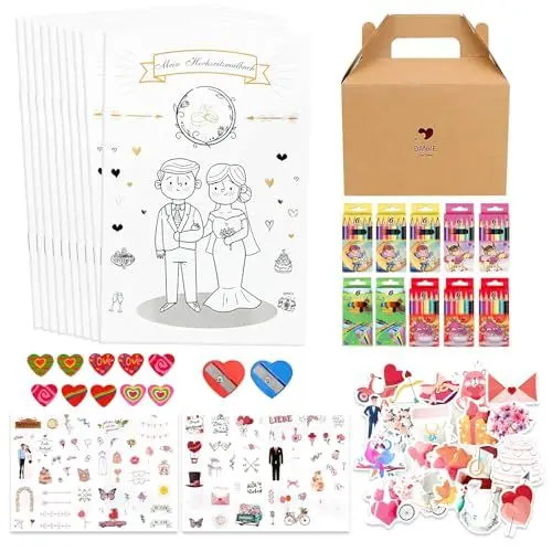 Produktbild: FIHODONE Hochzeitsmalbuch Kinder, 10 Mini Malbuch Hochzeit für Kinder mit Präsentbox, Lernspielzeug Gastgeschenke Hochzeit Kinder Beschäftigung mit 60 Buntstifte 2 Spitzern 2 Aufkleber 10 Radiergummi
