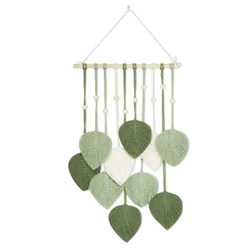 Produktbild: FIHODONE Makramee Wandbehang Boho Style, Fensterdeko Hängend 90 * 40CM, Wandteppich Boho Deko Grün, Blatt Feder Wanddeko für Kinderzimmer Deko Wanddeko Wohnzimmer