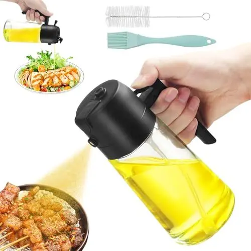 Produktbild: FIHODONE Ölsprüher 470ml, Öl Sprühflasche mit Silikonpinsel und Flaschenbürste, Sprühflasche Öl Schwarz 2 in 1, Ölsprüher für Speiseöl, Ölspray Große Kapazität, Öl Sprühflasche Glas