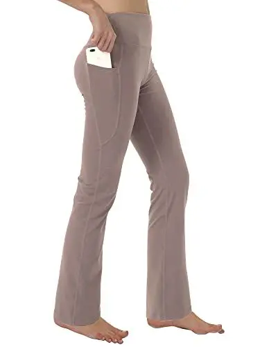Produktbild: Fiita Damen High Waist Bootcut Yoga Hose mit Taschen Bauchkontrolle Workout Laufhose Lange Bootleg Flare Hose in Hellbraun Medium