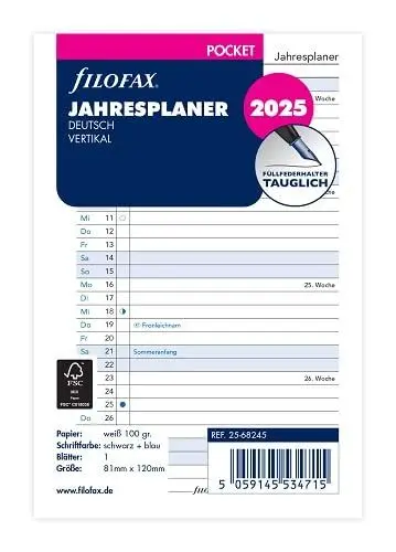 Produktbild: FILOFAX Kalendereinlage Pocket Jahresplaner vertikal (Deutsch)2025