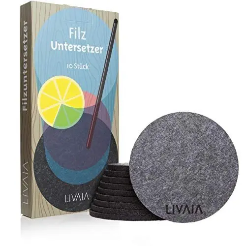 Produktbild: Filz Untersetzer Rund für den Tisch: 10x Glasuntersetzer aus Polyester in edlem Grau als Deko und Tropfschutz – Filzuntersetzer Rund in Anthrazit und Vegan – Platzset Abwischbar – Tisch Set von LIVAIA