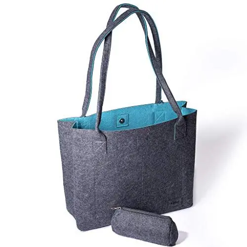 Produktbild: Filztasche, filztasche shopper, shoppertasche, kinder tasche, filztasche damen, Filz Einkaufstasche groß M 15L Dunkelgrau & Petrol, Handtasche, Tragetasche, Schultertasche,