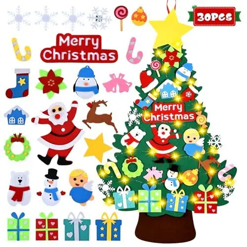 Produktbild: Filz-Weihnachtsbaum, DIY Filz-Weihnachtsbaum für Kleinkinder mit 30pcs Xmas Ornament, 3.35ft DIY Filz-Weihnachtsbaum-Set für Kinder, handgefertigte Neujahrs-Weihnachts-Tür-Wand hängen Dekorationen