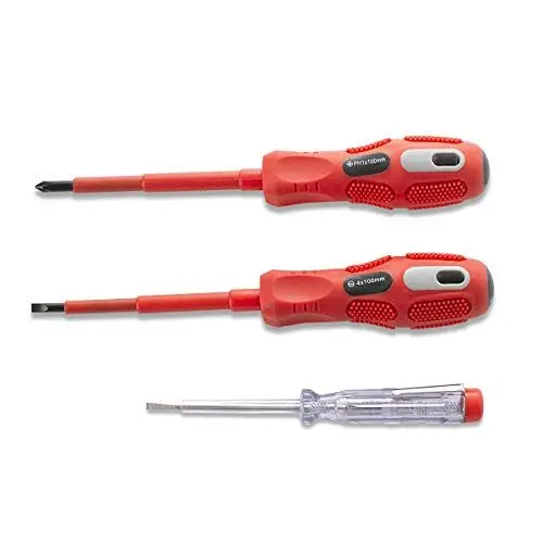 Produktbild: FINDER XJ193083P Beruf Isolierter Elektriker-Schraubendreher-Set, Schlitz- und Kreuzschlitzschraubendreher-Set mit elektrischem Stift, 3er-Set