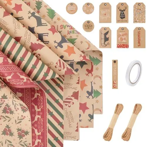 Produktbild: FINDIR 12 Blatt Geschenkpapier Weihnachten 50 x 70cm Geschenkpapier Kraftpapier Weihnachten mit Juteschnüren und Anhängern Weihnachtspapier für Weihnachtsgeschenke Weihnachtsdekorationen