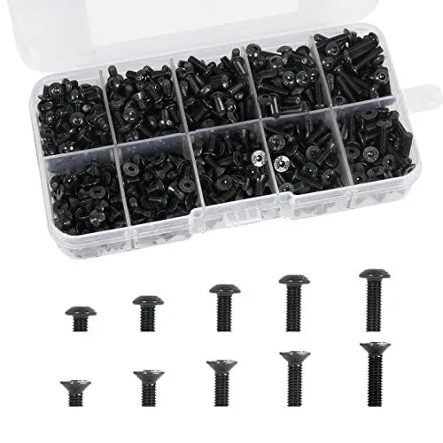 Produktbild: FINDIR 720pcs M3 Schrauben Set Innensechskant Schwarz Linsenkopf und Senkkopf Sechskantschrauben aus Kohlenstoffstahl für Heim- und Büroreparaturen