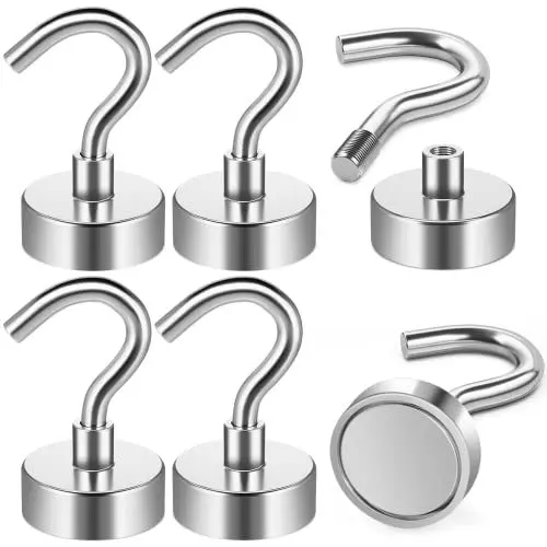 Produktbild: FINDMAG 6 Pack Magnethaken, 10 kg+(22 lbs+) Starke Magnet Haken, Kühlschrankmagnethaken zum Aufhängen, Neodym Magnete mit Haken, Silber Magnethaken für Kreuzfahrt, Decke, Bad, Küche