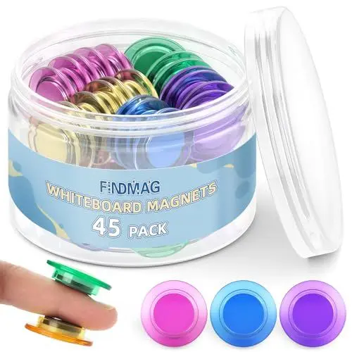 Produktbild: FINDMAG Magnete Stark, Bunte Magnete für Magnettafel, Magnete Kühlschrank, Whiteboard Magnete Bunt, Kühlschrankmagnete für Klassenzimmer, Büro, Foto, Papier (45 Stück gemischt mit 5 Farben)