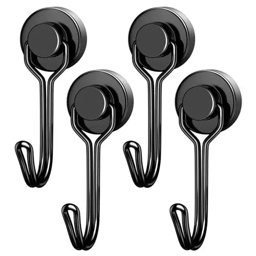 Produktbild: FINDMAG Schwarz Magnethaken, 4 Stück 13,6 kg+ Ziehen Schwenkbare Schaukel Neodym Magnet Haken, Starke Magnete Haken zum Aufhängen, Decke, Garage, Küche, Camping Van, Grillständer