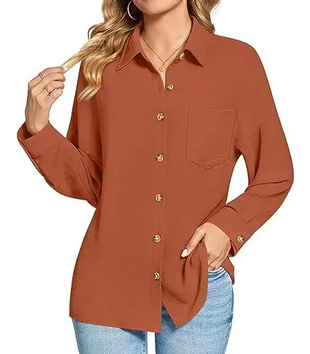 Produktbild: Findsweet Damen Button Down Shirts Langarm Büro T-Shirts Oversize Arbeit Bluse Drop Schulter Tops mit Tasche 2XL,Ziegelrot