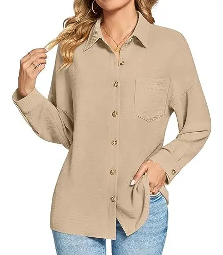 Produktbild: Findsweet Damen Button Down Shirts Langarm Büro T-Shirts Oversize Arbeit Bluse Drop Schulter Tops mit Tasche XL,Kamel