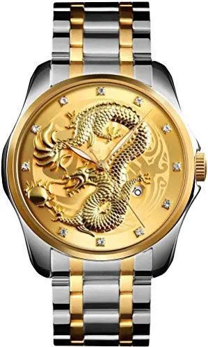 Produktbild: findtime Gold Herrenuhr Drache 3D Designer Männer Edelstahl Armbanduhr Elegant Analog Quarzuhr Datum Leuchtende