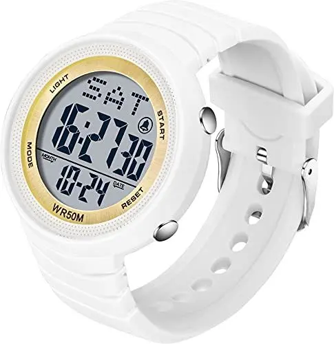 Produktbild: findtime Sport Digital Uhren 50M Wasserdicht Armbanduhr mit LED Hintergrundbeleuchtung Digitaluhr Damen Herren Duale Zeitzone Stoppuhr Countdown Militär Uhr Candy Farbe Wecker Kalender Weiß Gold
