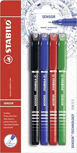 Produktbild: STABILO - Fineliner mit gefederter Spitze - SENSOR F - fein - 4er Pack - schwarz, blau, rot, grün
