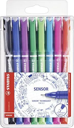 Produktbild: STABILO - Fineliner mit gefederter Spitze - SENSOR F - fein - 8er Pack - schwarz, blau, lila, grün, hellgrün, türkis, pink, rot