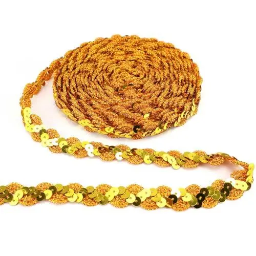 Produktbild: FINELYCR 25 M Paillettenband Gold, Paillette Trim, Wohnung Paillettenband Glitzer, S-Förmiger Gewellter Paillettenbesatz, Geeignet für Bühnenkostüme, Vorhänge und DIY-Kopfbedeckungen (15 mm)