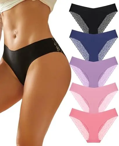 Produktbild: FINETOO 5er Pack Seamless Slips Unterhosen Damen Spitze Nahtlose Unterwäsche Frauen V-Shape Hipster for Women Mehrteiliges Set S-XL