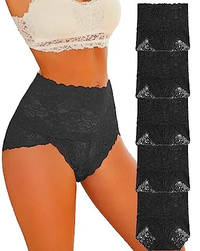 Produktbild: FINETOO 5er Spitze Unterwäsche Damen High Waisted Slip Set Hohe Taille Unterhosen Sexy Hipster Soft Slips Bequem Underwear Frauen Nahtlos Spitzen Mehrpack S-XXL