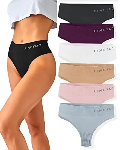 Produktbild: FINETOO 6er-Pack String Tangas Damen Bauchkontrolle Strings Set Atmungsaktiv Thong Frauen Unterhosen Hoher Taille Unterwäsche Weich Panties Mehrpack S-XL