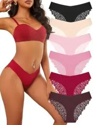 Produktbild: FINETOO Seamless Slips Damen Nahtlose Unterwäsche Spitzen Hipster Frauen Sexy V Waisted Unterhosen Angenehme Panties Passform 6er Pack S-XL