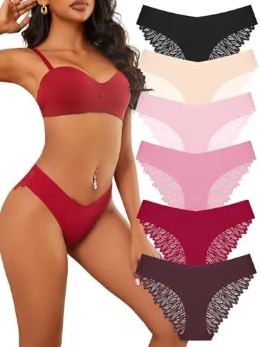 Produktbild: FINETOO Seamless Slips Damen Nahtlose Unterwäsche Spitzen Hipster Frauen Sexy V Waisted Unterhosen Angenehme Panties Passform 6er Pack S-XL