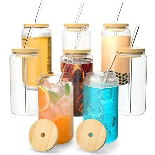 Produktbild: FINEW (8er Set) Trinkbecher Mit Deckel und Strohhalm Glas, 8er Cocktailgläser Set, 16oz/450ml Eiskaffee Gläser, Longdrinkglas mit 2 Reinigungsbürsten für Bubble Tea, Whiskey, Cocktail, Biergläser