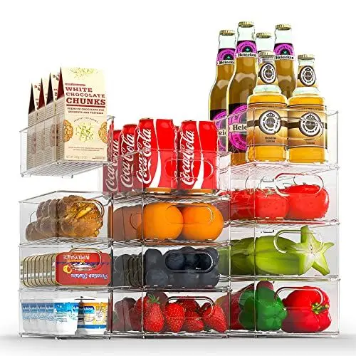 Produktbild: FINEW Kühlschrank Organizer 12er Set (4 Klein, 4 Mittel, 4 Groß), Stapelbar Kühlschrank Behälter, Durchsichtig Aufbewahrungsbox für Küche, Speisekammer, Schränke, Spülbecken, Badezimmer - BPA frei