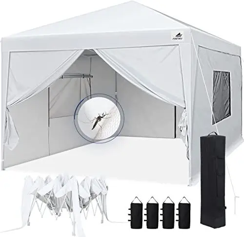 Produktbild: FINFREE Faltpavillon 3x3m mit 4 Seitenteilen Wasserdicht Stabil, UV Schutz 50+ Pop up Pavillon, Gartenpavillon mit 2 Moskitonetz Fenster, Partyzelt mit Rollentasche und 4 Sandsack, Weißgrau