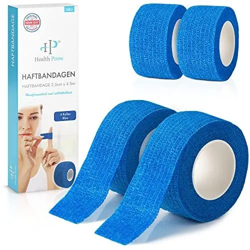 Produktbild: Fingerpflaster Selbsthaftend - 4x Pflaster Rolle Blau (2,5cm x 4,5m) - Verband Selbstklebend - Elastisches Tape wasserfest - Staub-, Fett- und Schmutzabweisendes Pflasterband