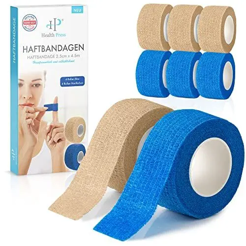 Produktbild: Fingerpflaster Selbsthaftend - 8x Pflaster Rolle in 4x Blau + 4x Hautfarben (2,5cm x 4,5m) - Verband Selbstklebend - Elastisches Tape wasserfest - Staub-, Fett- und Schmutzabweisendes Pflasterband
