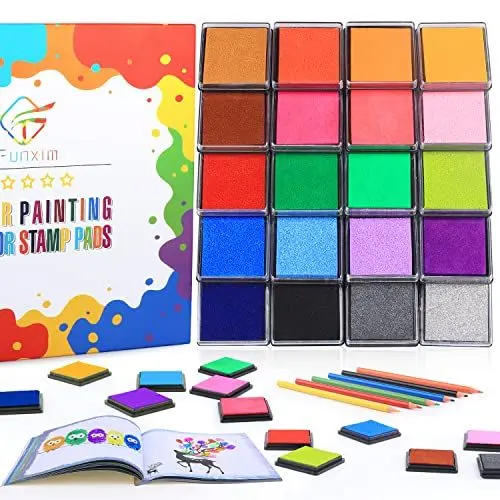 Produktbild: Funxim Fingerprint Activities Set für kleine Künstler, Fingerstempel Buch von Tiere und Obst mit 20 Stempelkissen (waschbar) und 6 Buntstifte